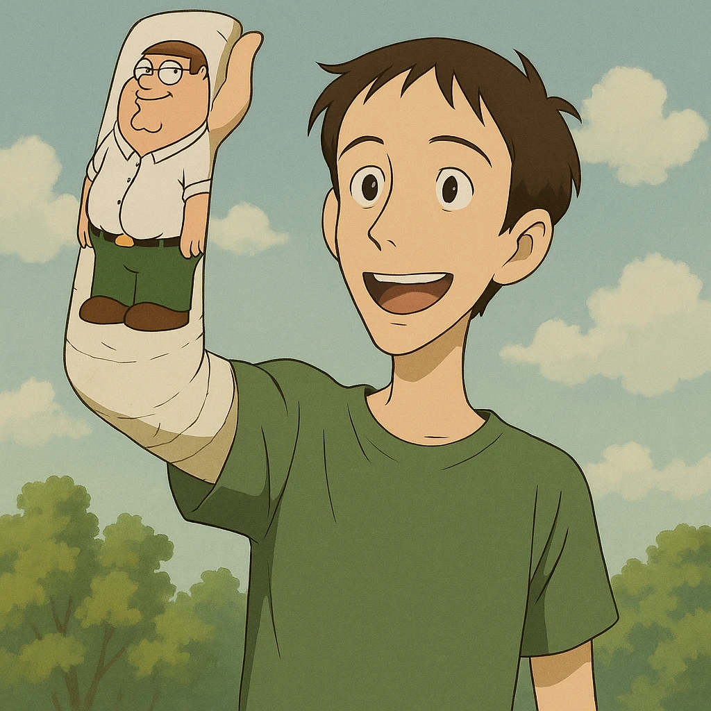 Make the boy skinny with a relatively long face, keep the cast and Peter Griffin drawing emoji