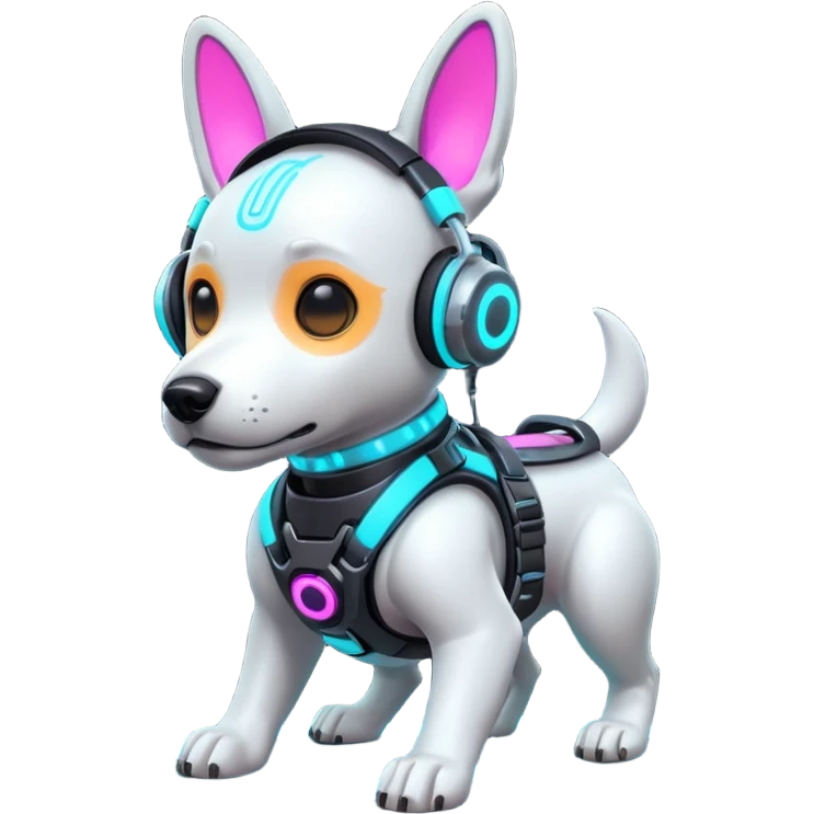 cute cyberpunk dog, futuristic headset, neon harness, glowing cyber implants, street punk vibe, 3D cartoon, mobile game icon style, clean background, no text, no watermark
 emoji