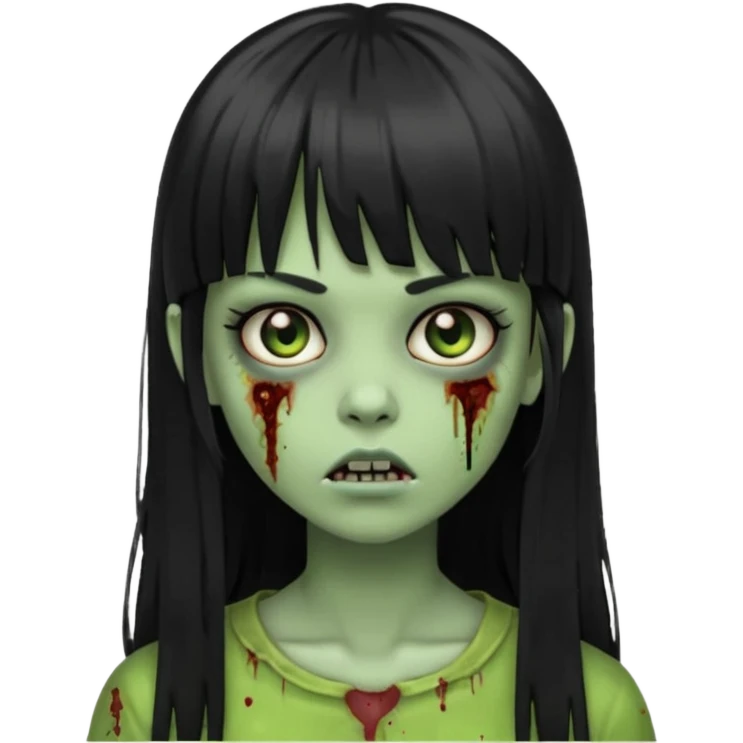 Zombie emoji girl, light green skin, black straight long hair with bangs emoji
