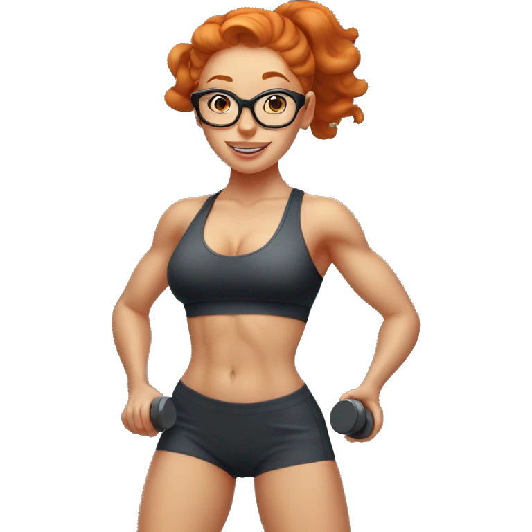Ginger hair girl with eyeglasses and aesthetic gym outfit pumping her booty with dumbbells  emoji