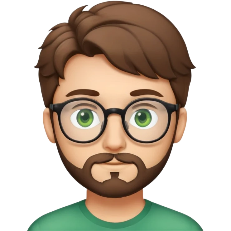 Young man with slightly curled brown poofy hair, green eyes wearing glasses, wide face with eyes set apart, bigger ears, and stubble but not a full beard emoji