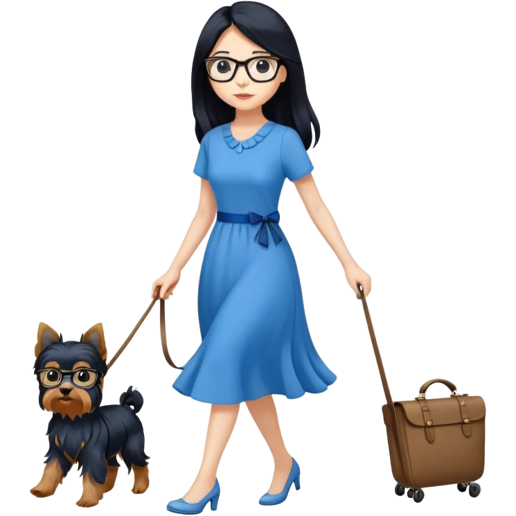 pale female with long black hair, wearing glasses and blue dress walking yorkie emoji