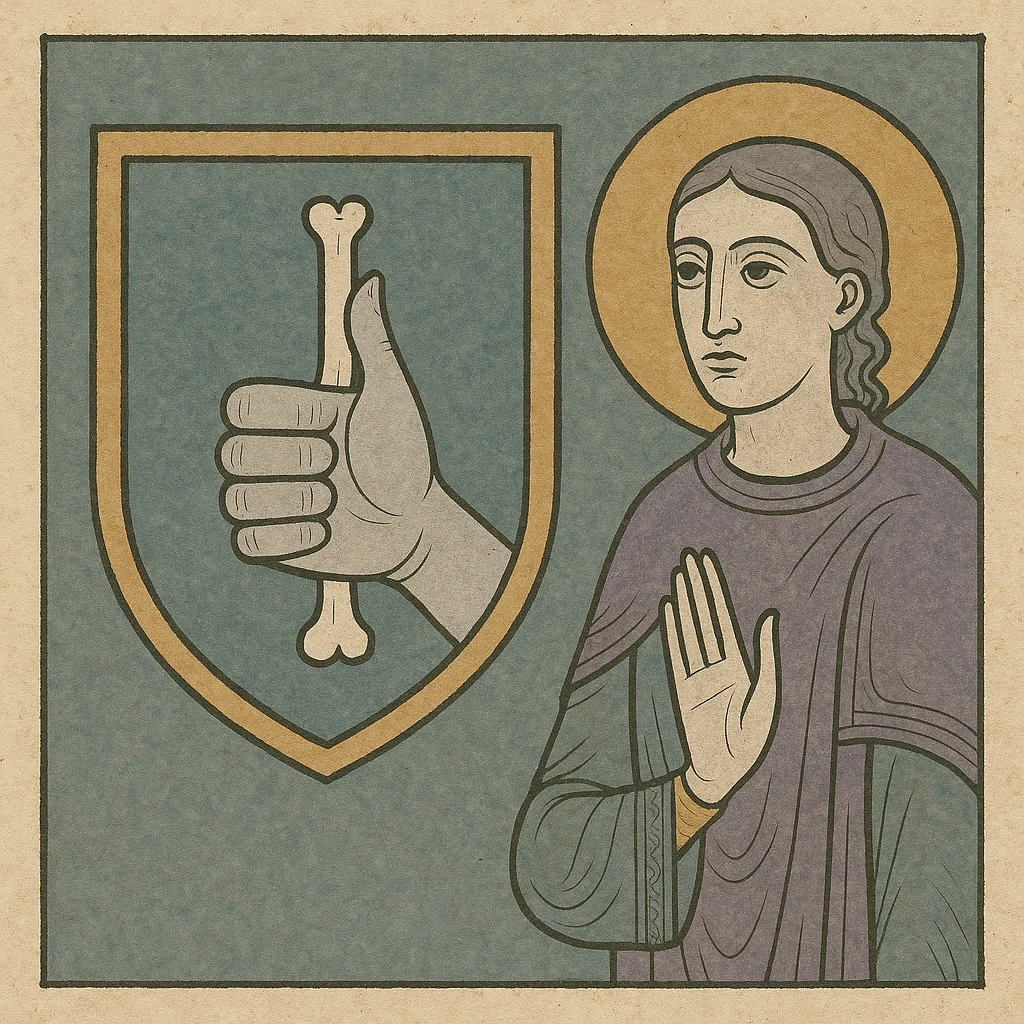medieval coat of arms featuring a stylized hand giving a thumbs up, thumb stretched upward with bone visibly protruding past the tip, heraldic illustration style, ornate and traditional emoji