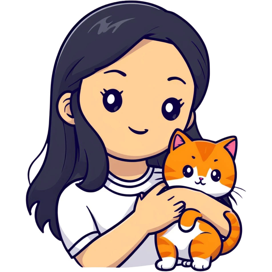 beautiful elegant girl with long black hair holding a friendly ginger cat emoji