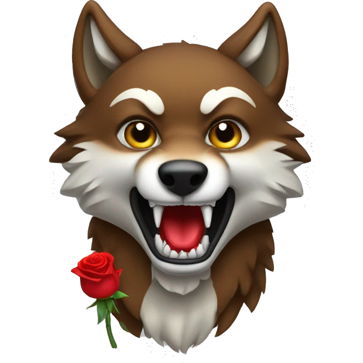 A red wolf with white fangs holds a rose emoji