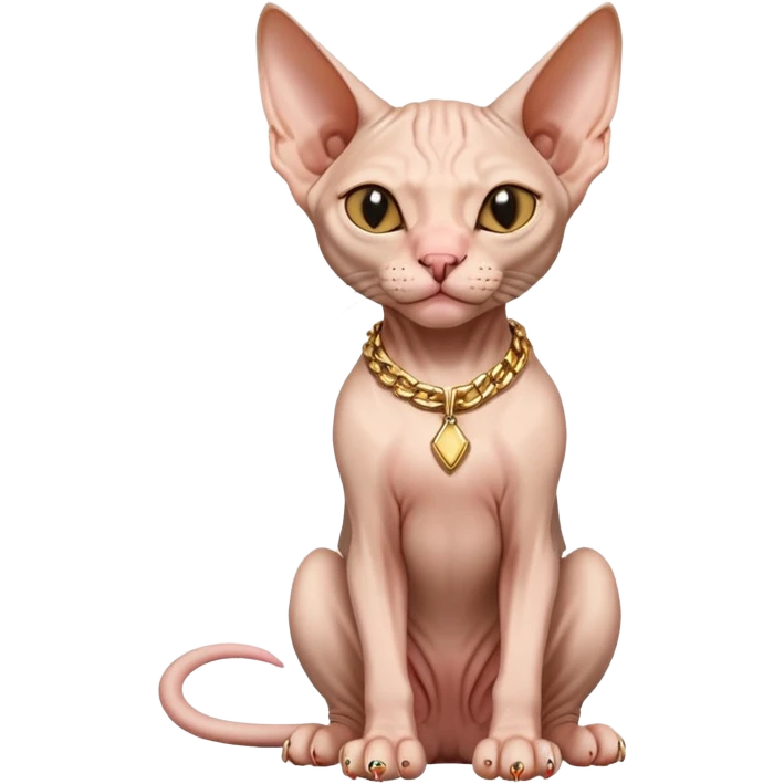 hairless Sphynx cat full body sitting, wearing a gold chain, winking emoji