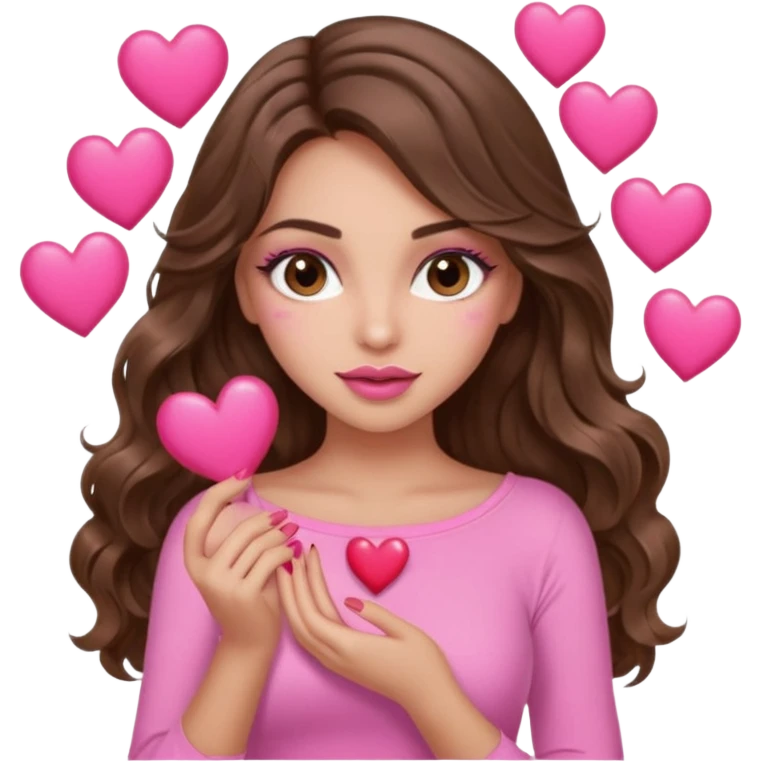 girl with long wavy brown hair, brown eyes, long lashes makeup, sexy pink lips, light to medium complexion, wearing a pink sexy top, many  hearts in hand emoji