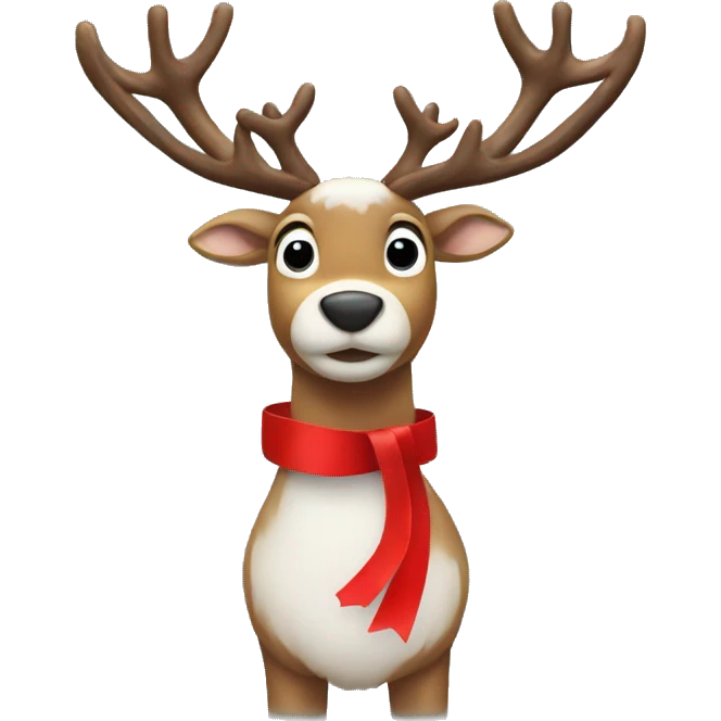 A reindeer in the snow with a red ribbon on its left horn emoji
