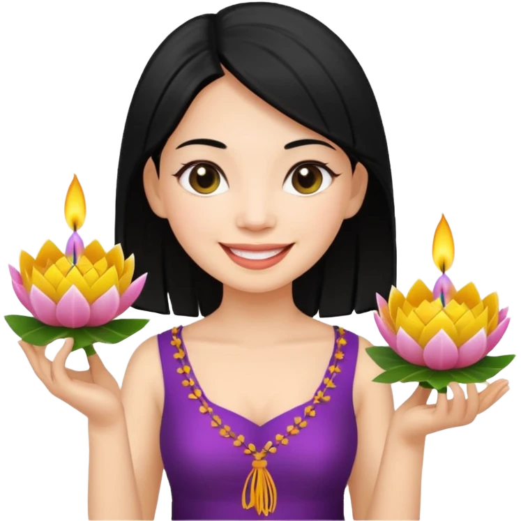 Emoji of a white woman with black hair holding a krathong emoji