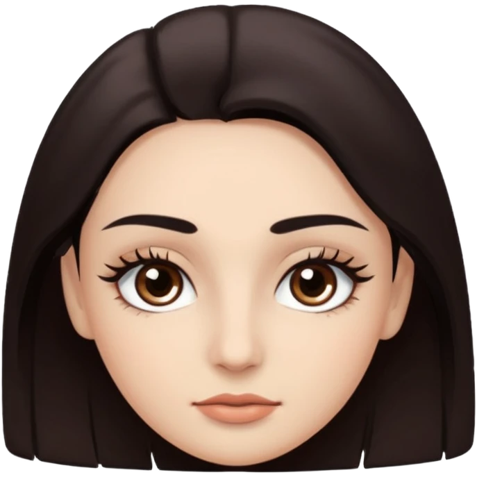 Rostro de forma ovalada con facciones delicadas. Ojos grandes y expresivos de color café oscuro, con pestañas largas y definidas. Cejas oscuras, pobladas y bien formadas. emoji