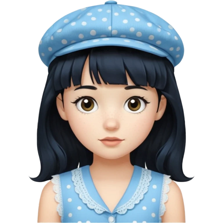 pinterst girl with heavy bang, black long hair and black pica dot newsboy cap on her hat, wearing baby blue color lace sleeveless  emoji