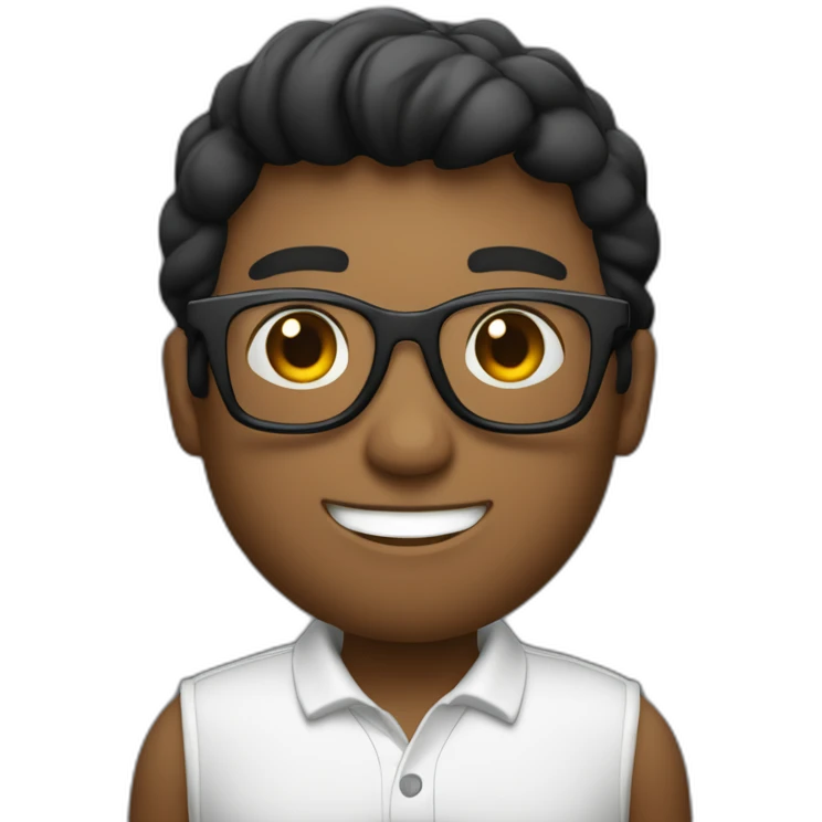 un chico con pelo negro con lentes negros y sonriendo que lleve un polo blanco y una chauqeta de color negro  emoji