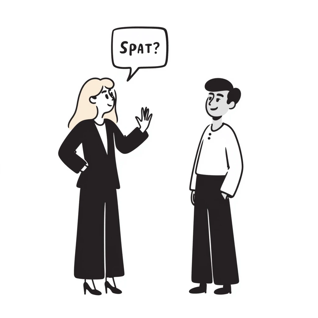 A blonde woman in a black suit talking to a brown-haired man in a white t-shirt. The woman has a speech bubble above her head. The woman is talking and the man is smiling. emoji