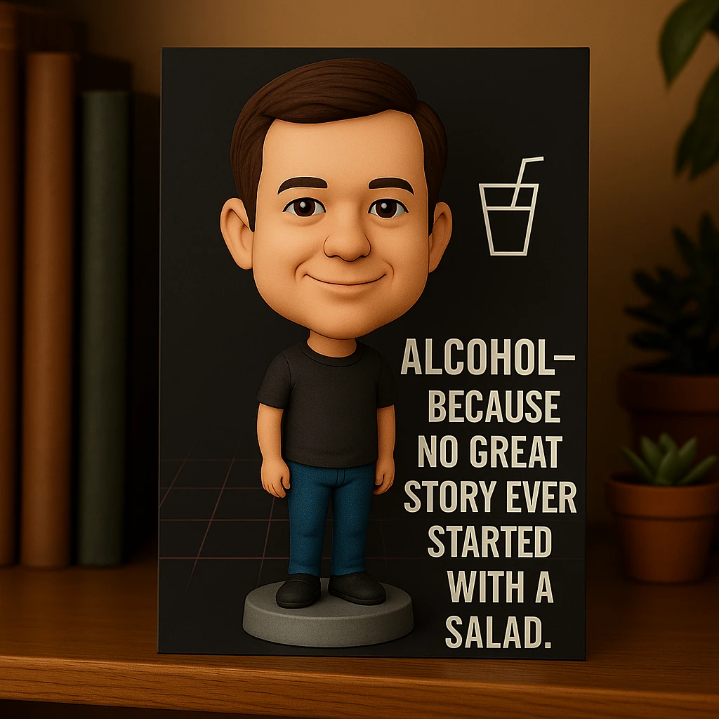 Refine the card: keep Dylan as a bobblehead character, minimal neon grid background, one drink icon, bold chrome text with the quote 'Alcohol—because no great story ever started with a salad.' Make the layout even cleaner and more balanced, using the same bobblehead style. emoji