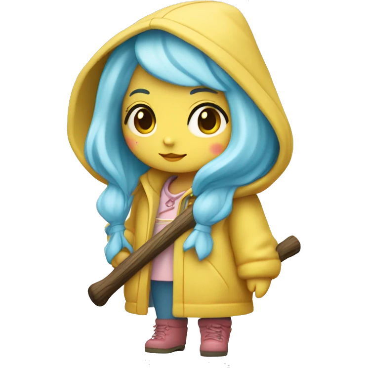 Cute little girl with light blue hair with peach skin, with yellow raincoat hooded with boots holding a wooden staff, with a cross necklace, Sanrio design emoji