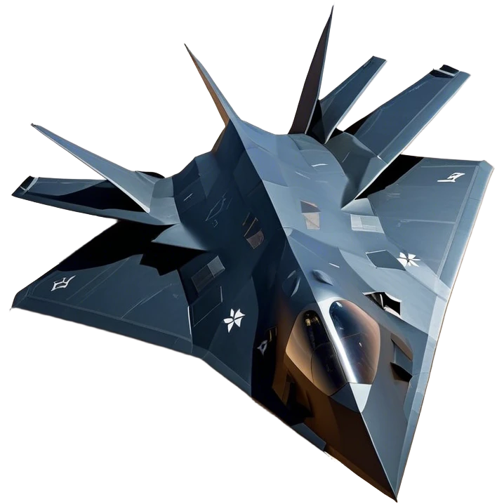 F-117 Nighthawk - Lockheed Martin (Stealth Grey) A futuristic stealth attack aircraft with a distinct faceted, angular design in a stealthy matte grey. Its sharp, jagged edges and unconventional, almost alien-like shape make it look like a shadow cutting through the night sky. The surface should appear non-reflective with subtle panel lines. emoji