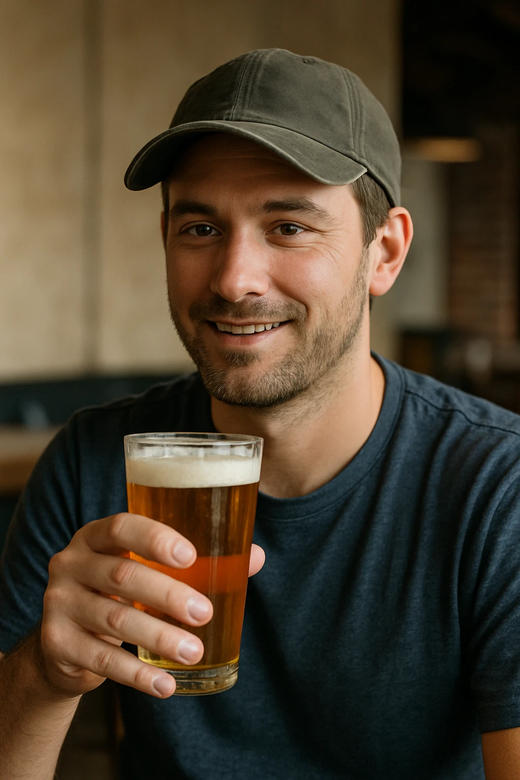 A man wearing a baseball cap holding a glass of beer emoji