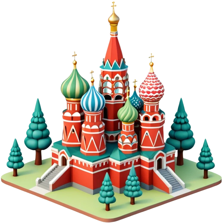 Isometric illustration of Moscow, featuring Saint Basil's Cathedral with its colorful onion domes, Red Square elements, and toy-like trees around, in miniature diorama style, soft shadows and pastel colors. emoji