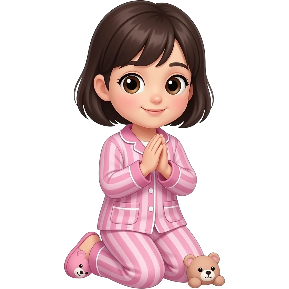 chica de cabello oscuro y corto sin accesorios, con ojos color cafe, con una pijama color rosa con rayas y una pantuflas de osito rosa, de rodillas orando emoji