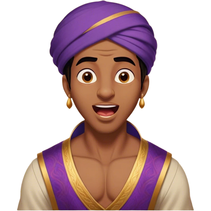 Cinematic Realistic Aladdin Portrait, head tilted slightly with a dramatic, wide-open yawn, revealing a relaxed, yet still vigilant expression. The lifelike textures of his skin and carefully rendered fabric of his attire combine with warm, ambient lighting to capture a moment of endearing, laid-back heroism. emoji