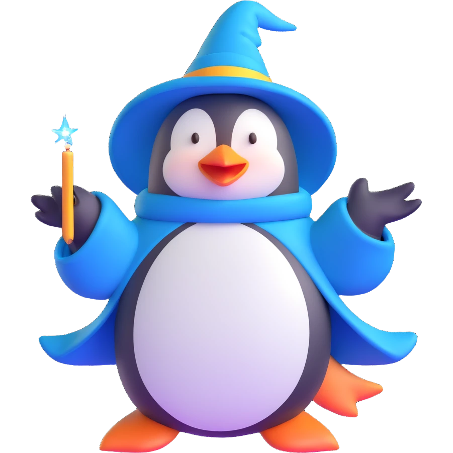 penguin wizard casting a spell with sparkles around emoji