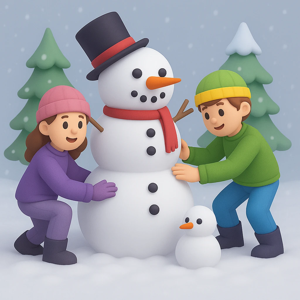 Show two different kids (different hair and clothing colors) building a snowman in a snowy background, keep the 3D emoji style emoji