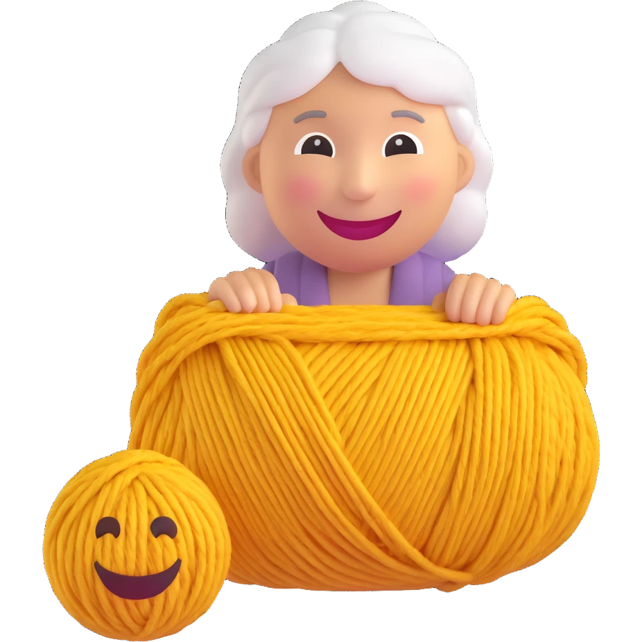 3D smiley emoji, round shape, grandmother with yarn, pink color, smiling face emoji