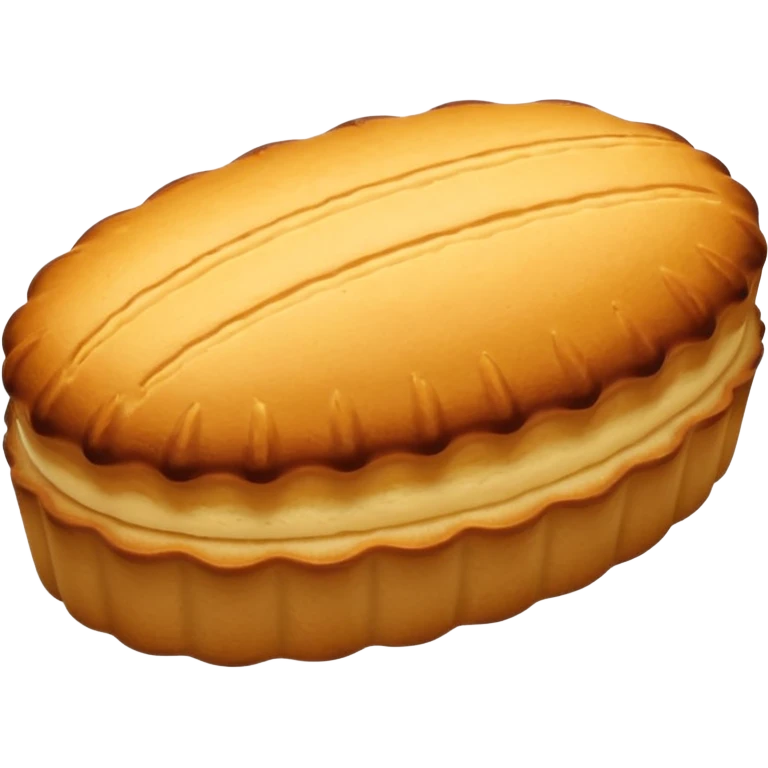 A madeleine pastry. Scalloped oval seashell shape with ONLY four to five vertical lines going in the same direction. Light golden brown. Scalloped edge. Cookie. Flat. Long. Oval shape. Lets scallops. emoji