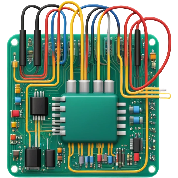 An icon featuring a circuit board, electrical wires, symbolizing electrical engineering. The design includes resistors, capacitors, and a power transformer, representing the study of electrical systems and innovation. Transparent background highlights modern electrical technology emoji