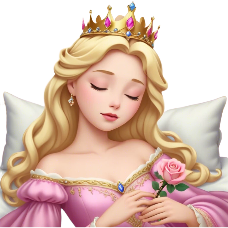 Cinematic Realistic Sleeping Beauty (Aurora) Portrait, with porcelain-like skin featuring a natural rosy flush, illuminated by soft lighting that highlights the gentle contours of her face. Her golden blonde hair flows in soft, detailed waves with subtle highlights that shimmer in the light. Her deep violet-blue eyes radiate warmth and innocence, framed by arched brows and long lashes. With a soft, serene smile, she holds a delicate rose gently in one hand, her other hand resting lightly by her side. She is dressed in her classic pink gown, the fabric rich in texture with delicate folds that catch the light. A golden crown rests atop her head, gleaming with royal refinement. The portrait captures a soft, glowing aura, blending realism with an ethereal sense of beauty and timeless enchantment. emoji