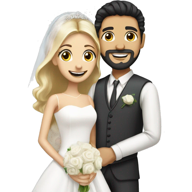 Wedding couple with Handsome light middle eastern man with goatee and black hair and white smile with bride who has blonde hair , hair down , and beautiful  emoji