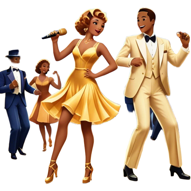 Vintage movie poster-style icon for a musical film. A vibrant street scene with bright lights, dancers mid-step, a singer with a microphone, and a jazz band playing. The cityscape glows in the background, evoking the golden era of musicals. Transparent background. emoji
