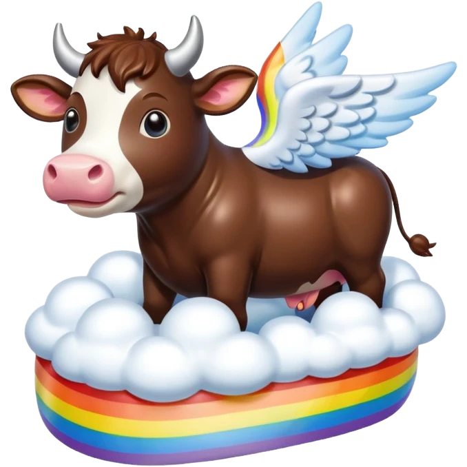 Rainbow made out of chocolate with clouds and a flying cow with wings emoji