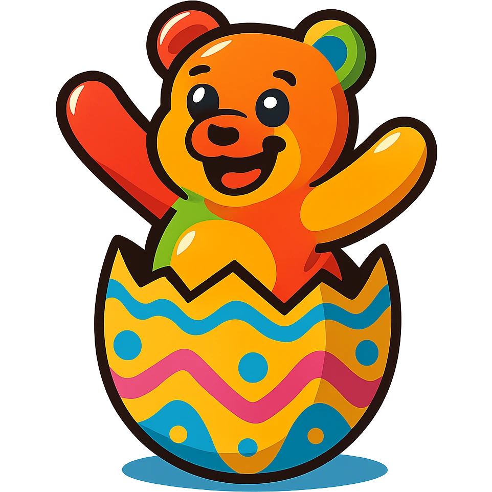 a cheerful gummy bear halfway out of a decorated Easter egg, bright colors, fun mood, playful, simple background emoji