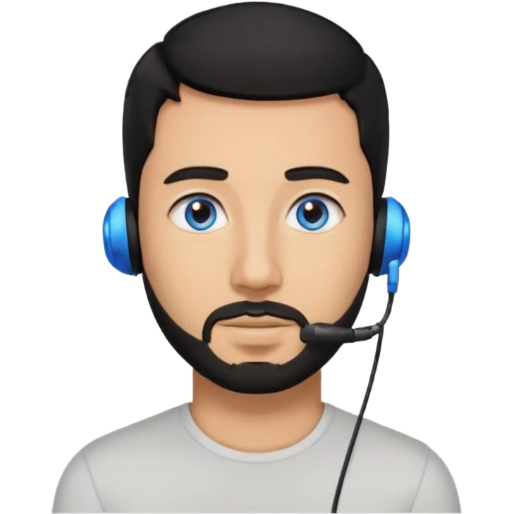 Man 30, black short hair, blue eyes and black short bears, on earpiece emoji