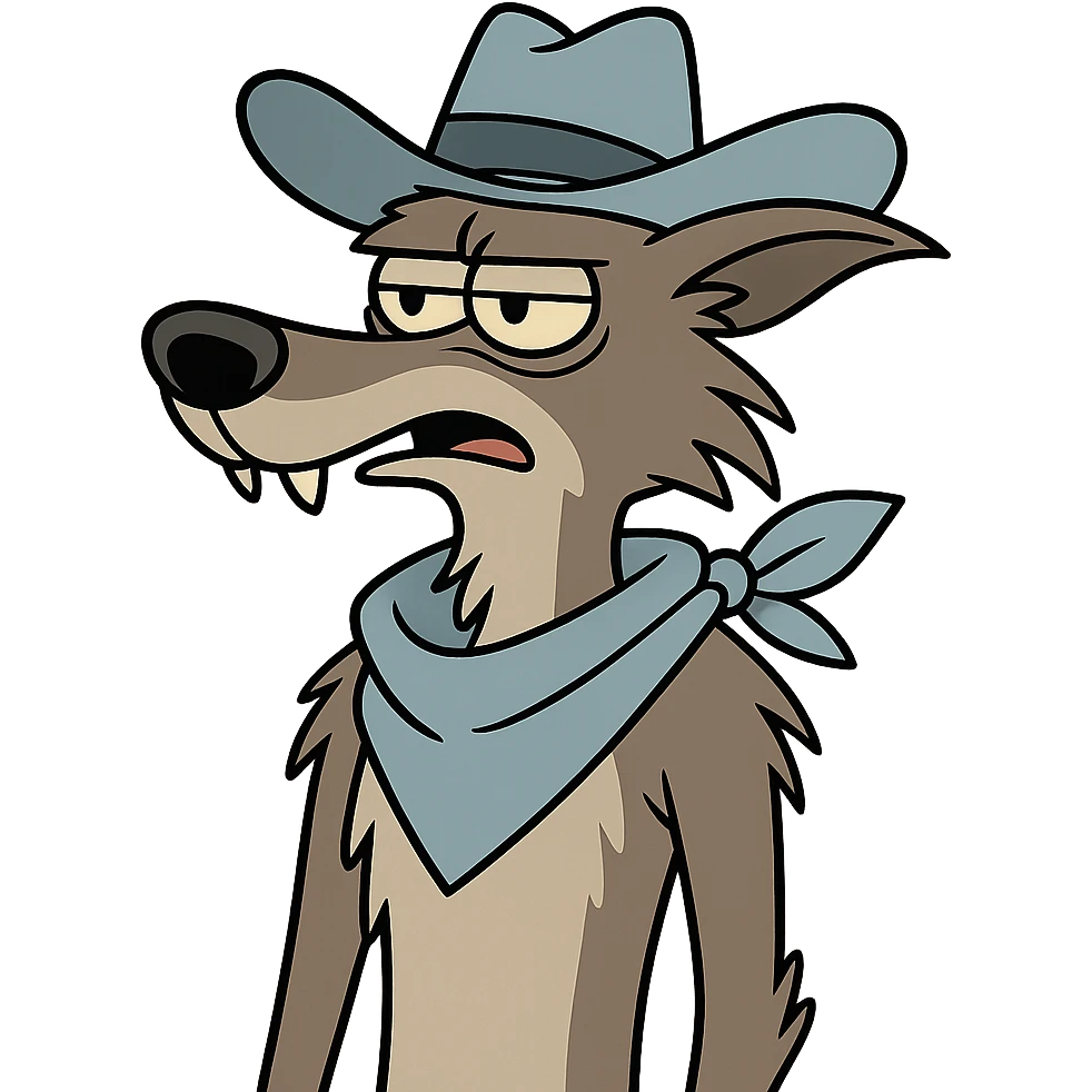 grey coyote, less anthropomorphic, wearing a light blue cowboy hat and light blue neckerchief, flat toon style emoji