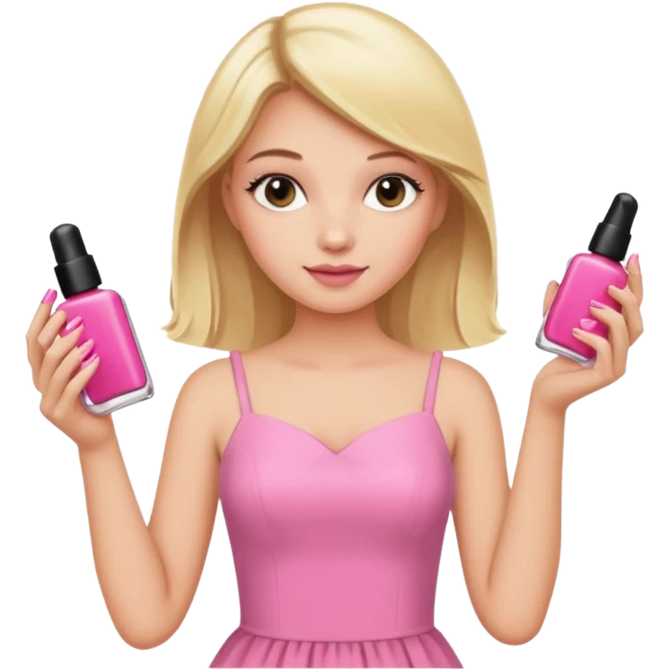 A blonde girl in pink holds nail polishes in her hand emoji