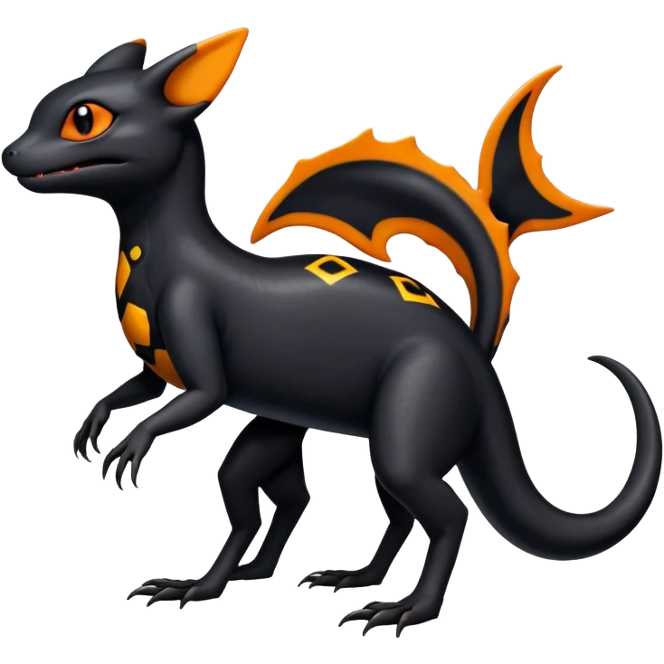 A black Salandit-Umbreon-newt-hybrid-Fakémon-creature with orange belly emoji