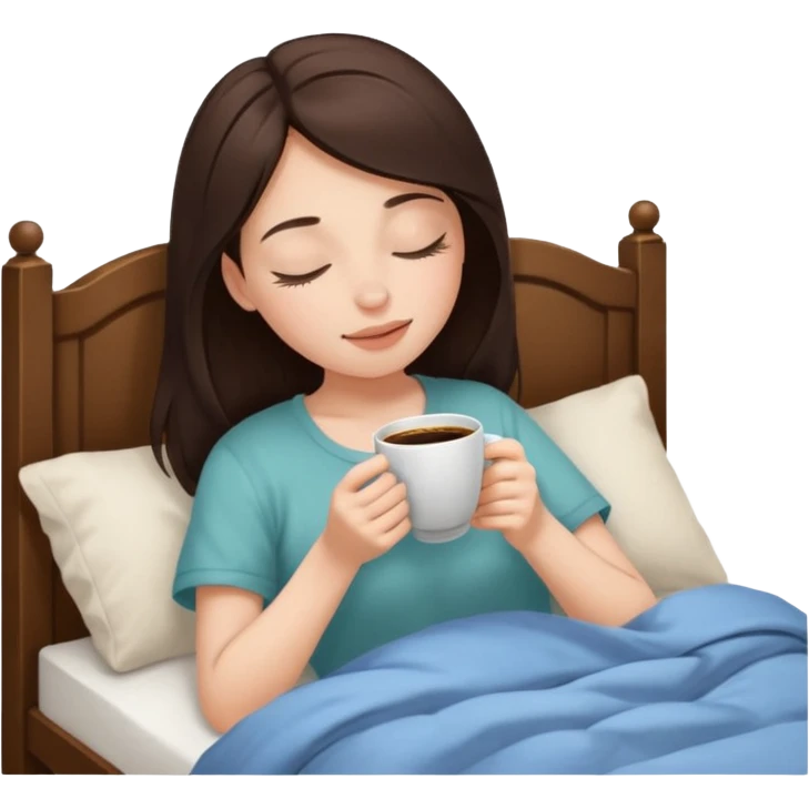 Brunette white skined girl who closes her eyes and smells coffee while drinking coffee in her bed emoji