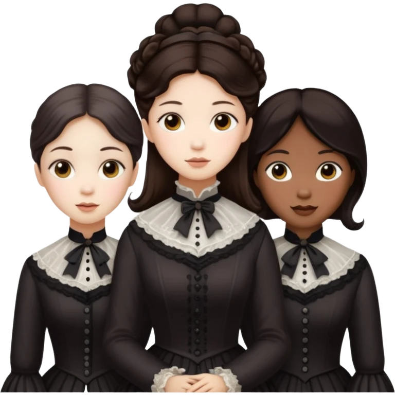 Three Victorian ghost best friends with dark brown hair  one Asian one Caucasian  one African American all beautiful  emoji