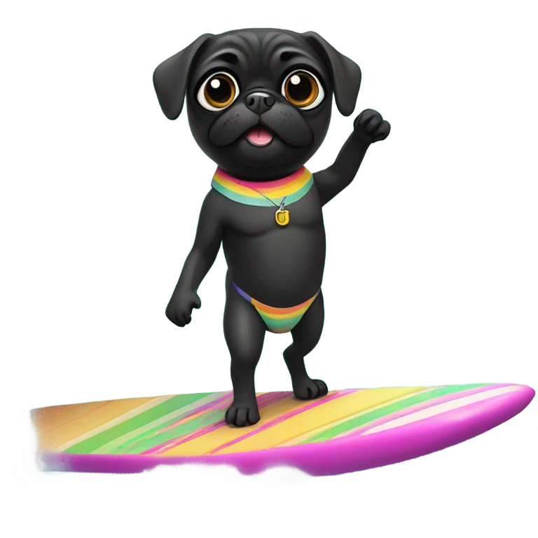 Black pug in bikini surfing in the ocean emoji