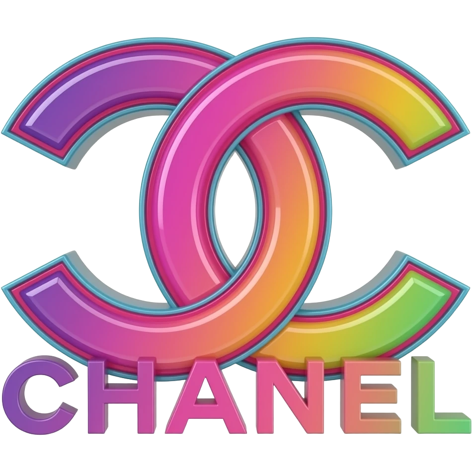name "Chanel" in purple hot pink lime green 3D style typography lettering, each color of the rainbow as a border outlined around each letter, isolated, 3d rendering, no emoji icons no emoji faces and must have no human figures emoji