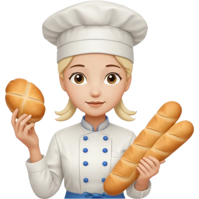 Young female baker - white chef hat, holding cream piping bag and bread emoji