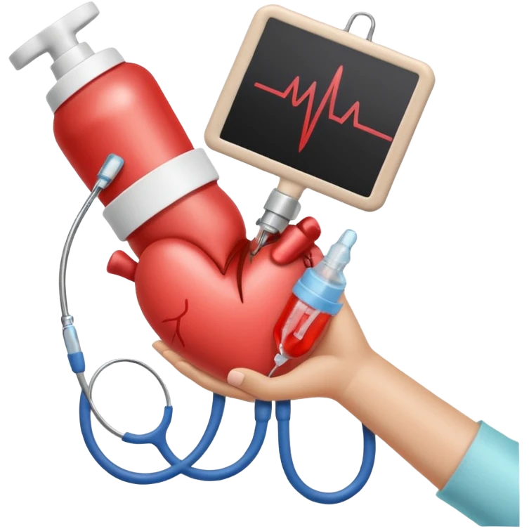hand holding shape of a loveheart with background of stethescope, heel lancet, baby blood tubes, monitoring cables, baby bottle, cute scrapbooking paper,  emoji