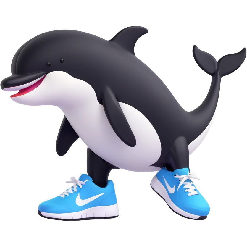 full body playful orca wearing black and white Nike sneakers, focus on shoes, clean background emoji