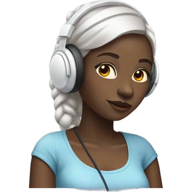 African girl. Wearing white headphones. Listening to music. Wearing a light blue shirt. emoji