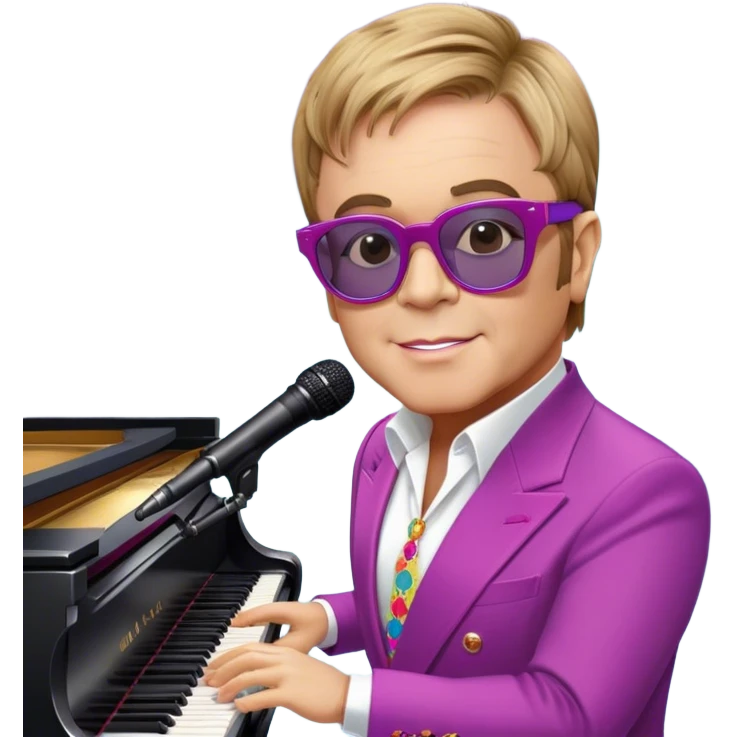 Pop music icon: Elton John at the piano in signature glasses and colorful outfit, George Michael holding a microphone in stylish attire. Stage lights and musical notes in the background. Transparent background. emoji