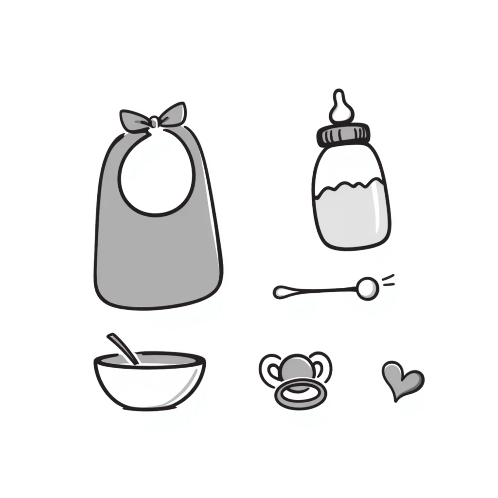 a baby feeding set including a baby bottle, pacifier, bowl with spoon, and bib, in pastel colors dd9fb0, ffc6d3, a3bfc9, c4bee2, f1b091, detailed hand-drawn doodle style emoji