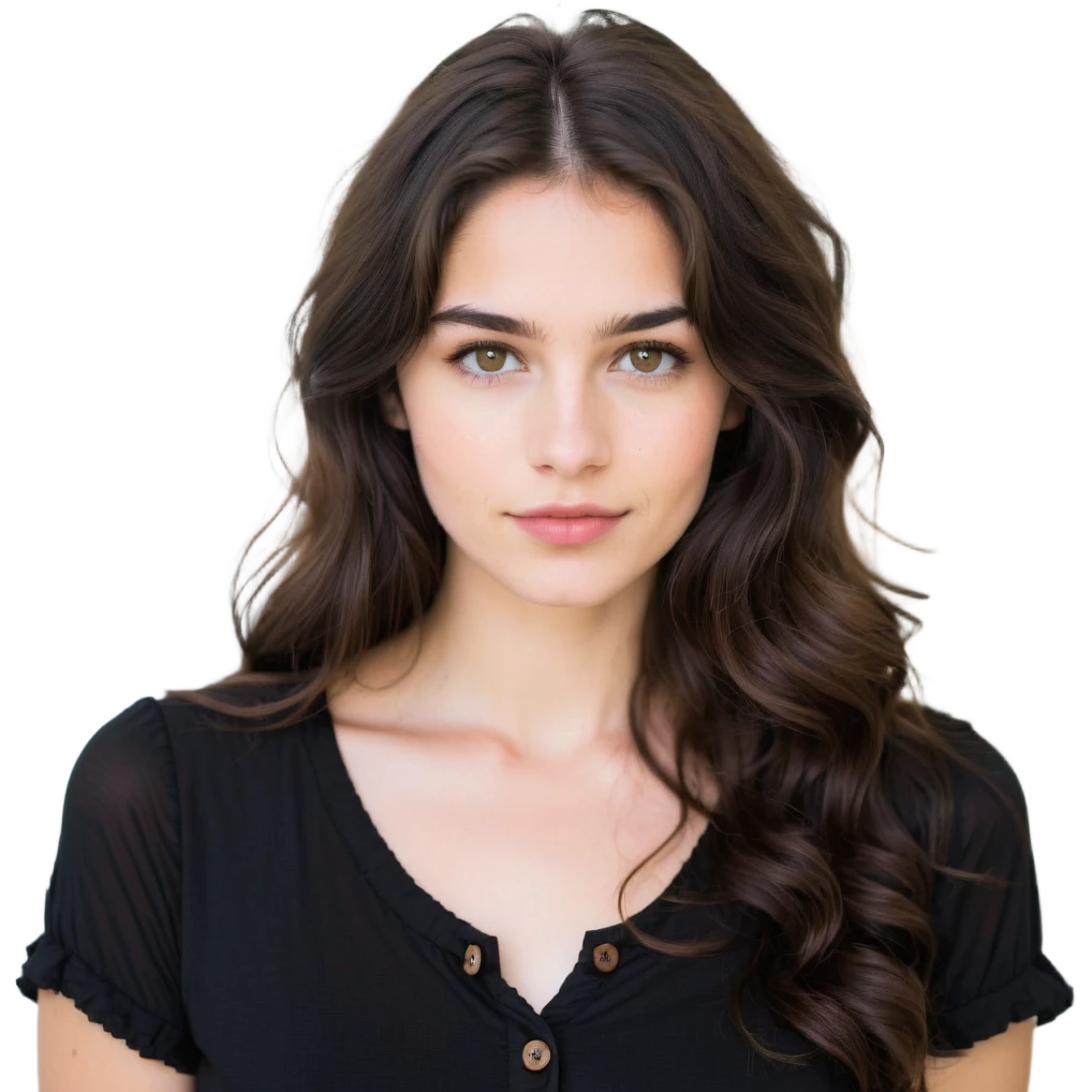 27 year old Caucasian woman with fair skin, brown eyes, long wavy dark brown hair, wearing a black top with a button emoji