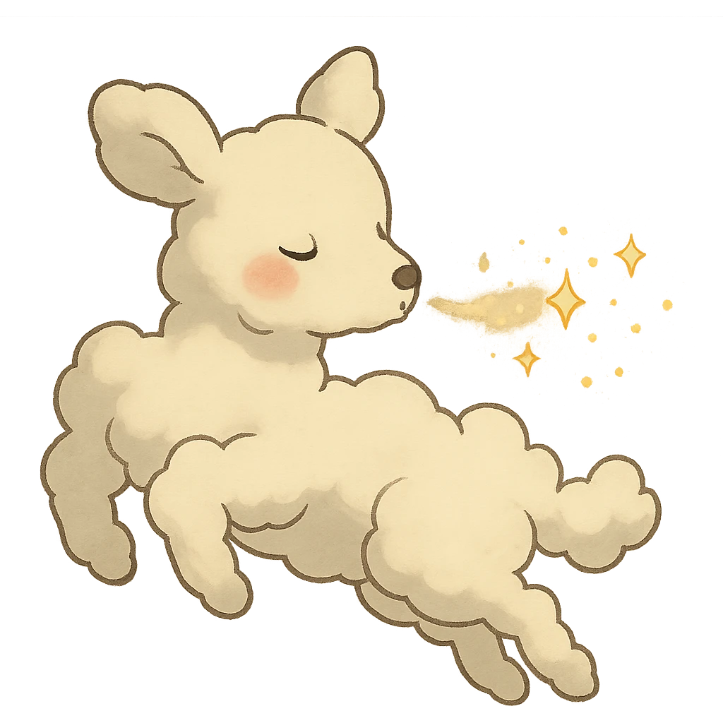 vanilla-colored cloud doe, floating with rosy cheeks and blowing sparkles, ghibli style emoji